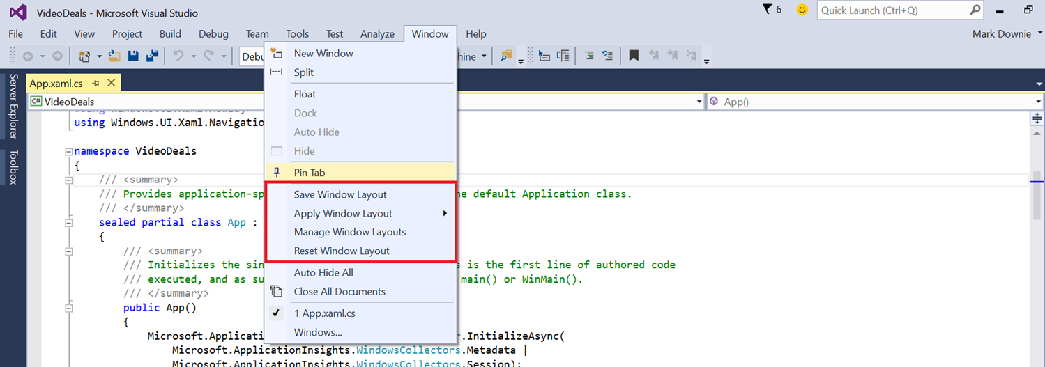 Visual Studio 2015 Window Layout