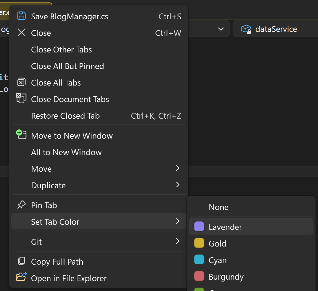 Visual Studio tab context menu for "BlogManager.cs" showing options like Save, Close, Move to New Window, Duplicate, Pin Tab, and Set Tab Color with color choices: None, Lavender, Gold, Cyan, Burgundy, and Green.