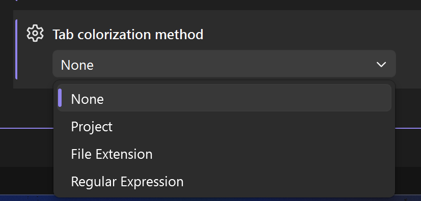 Visual Studio dropdown menu for "Tab colorization method" with four options: None, Project, File Extension, and Regular Expression, used to customize tab appearance based on file context.