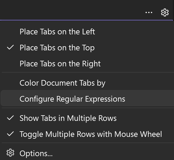 Visual Studio settings panel for tab layout and color options, showing placement choices (Left, Top, Right), multi-row tab display toggles, and a highlighted option to configure regular expressions