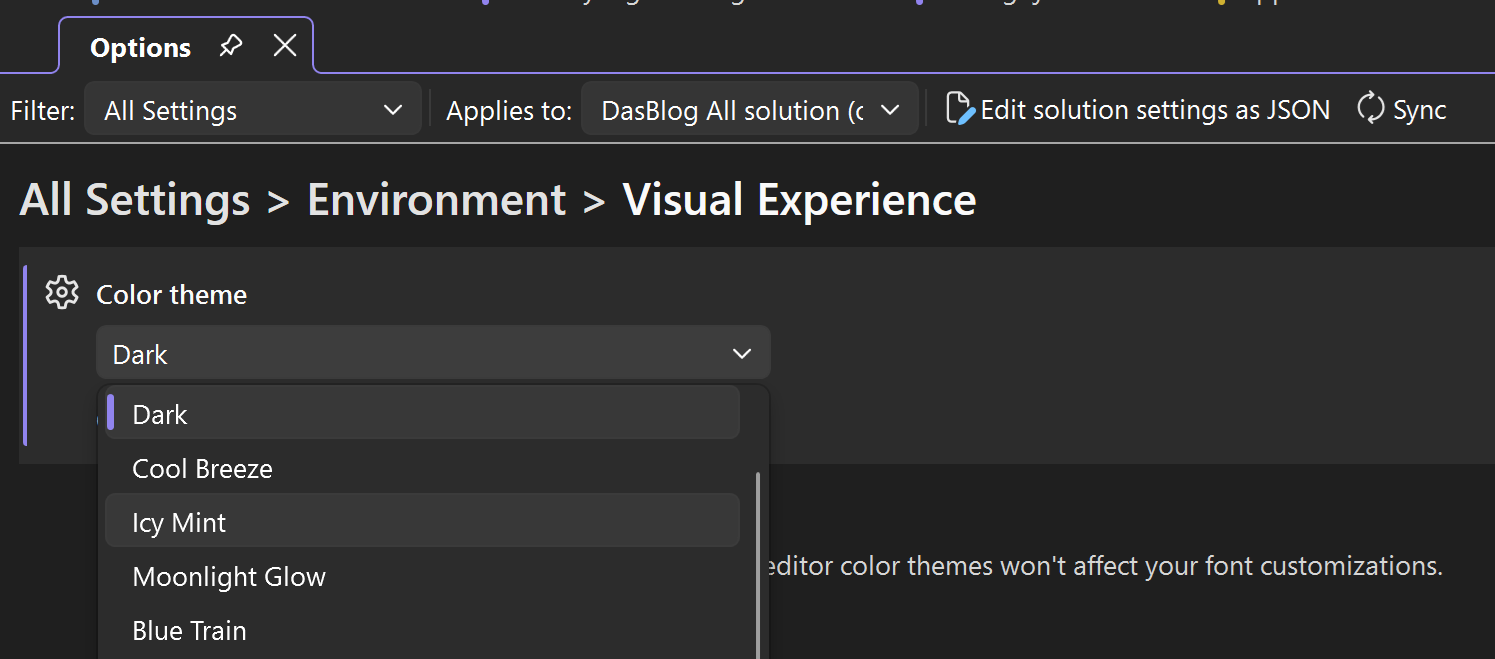 Visual Studio "Visual Experience" settings showing a dropdown for color theme selection with options including Dark, Cool Breeze, Icy Mint, Moonlight Glow, and Blue Train, scoped to the DasBlog solution.