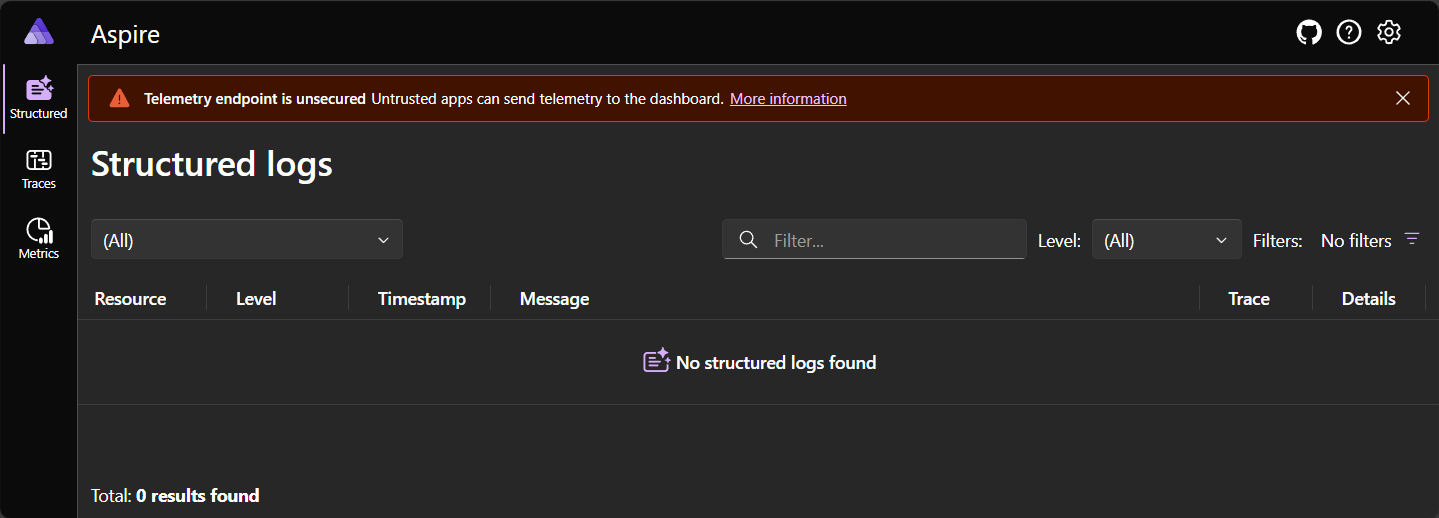 Aspire Dashboard Standalone mode Shows a dashboard defaulted to structured logs. It has a message that indicates that the
