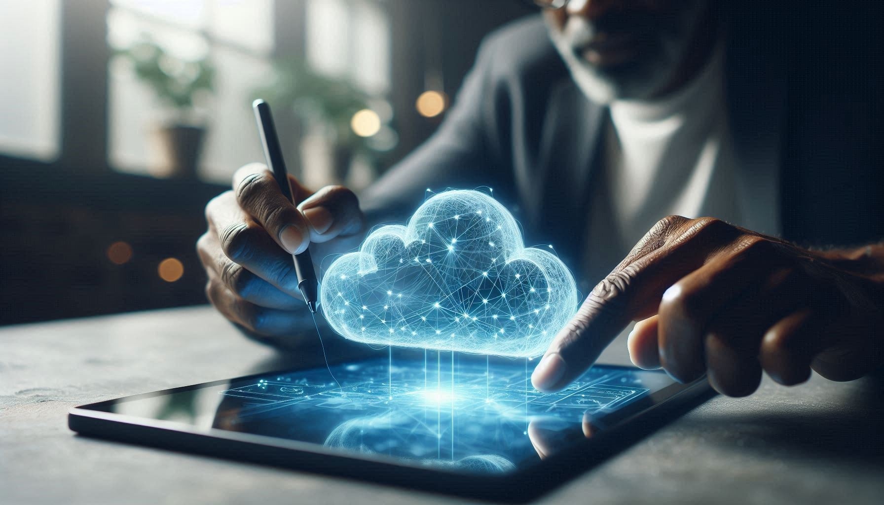 A man sitting at a desk is reviewing an illuminated cloud object above a table and is using a pen to edit the image. 
