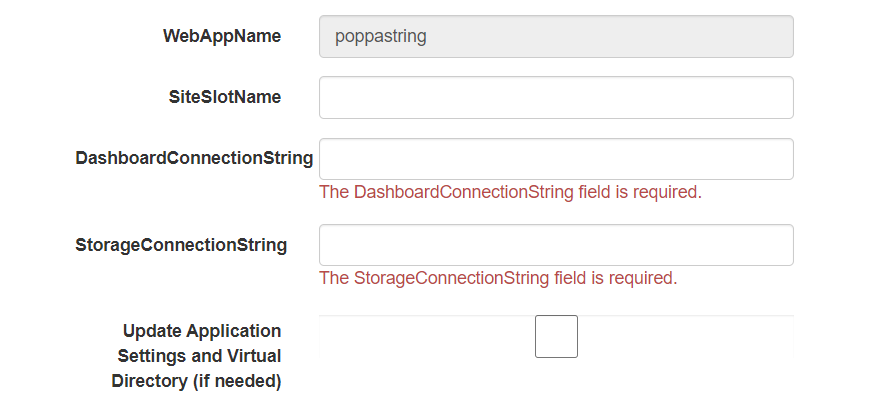 DashboardConnectionString field is required