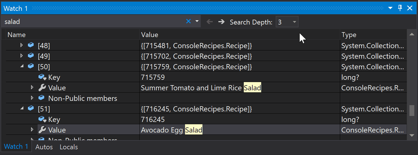 Visual Studio 2019 - Search for Objects and Properties in the Watch, Autos, and Locals Windows