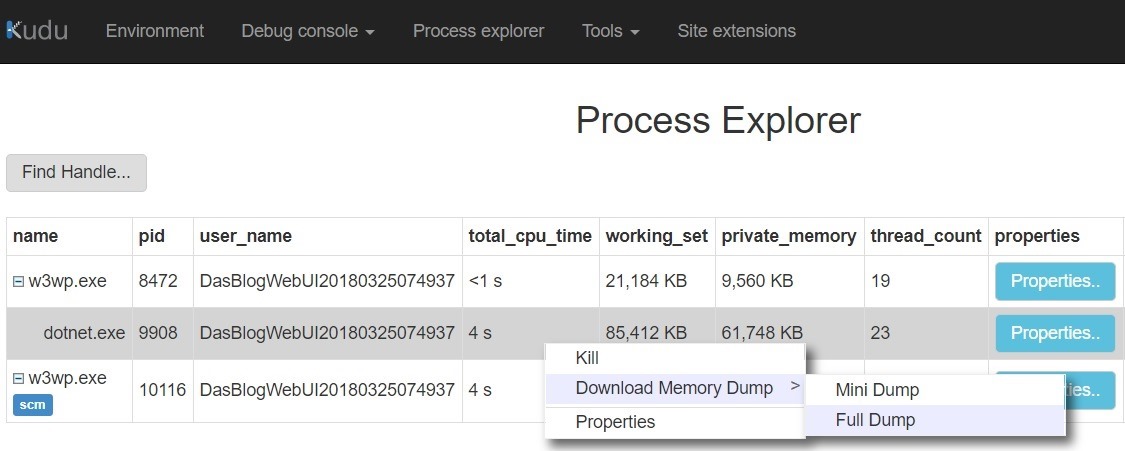 Kudu Process Explorer in Azure