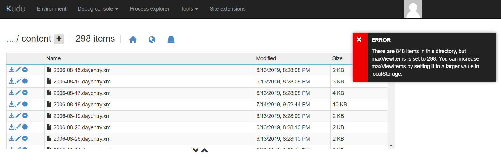 maxviewitems error kudu There are 848 items in this directory, but maxViewItems is set to 299. You can increase maxViewItems by setting it to a larger value in localStorage.