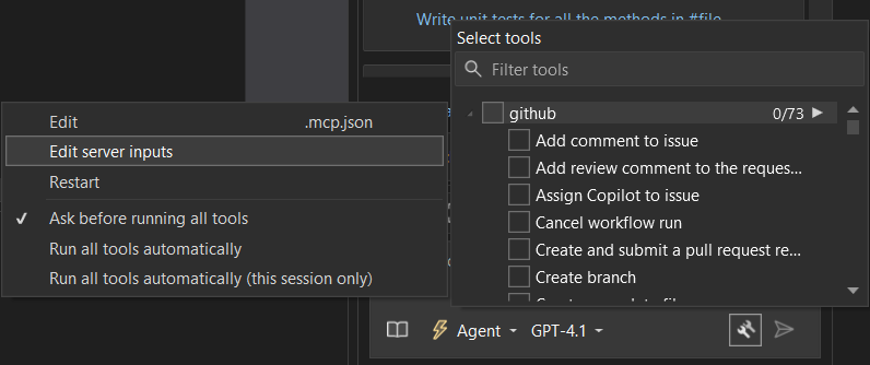 Shows the Copilot chat window MCP tools list for GitHub. 