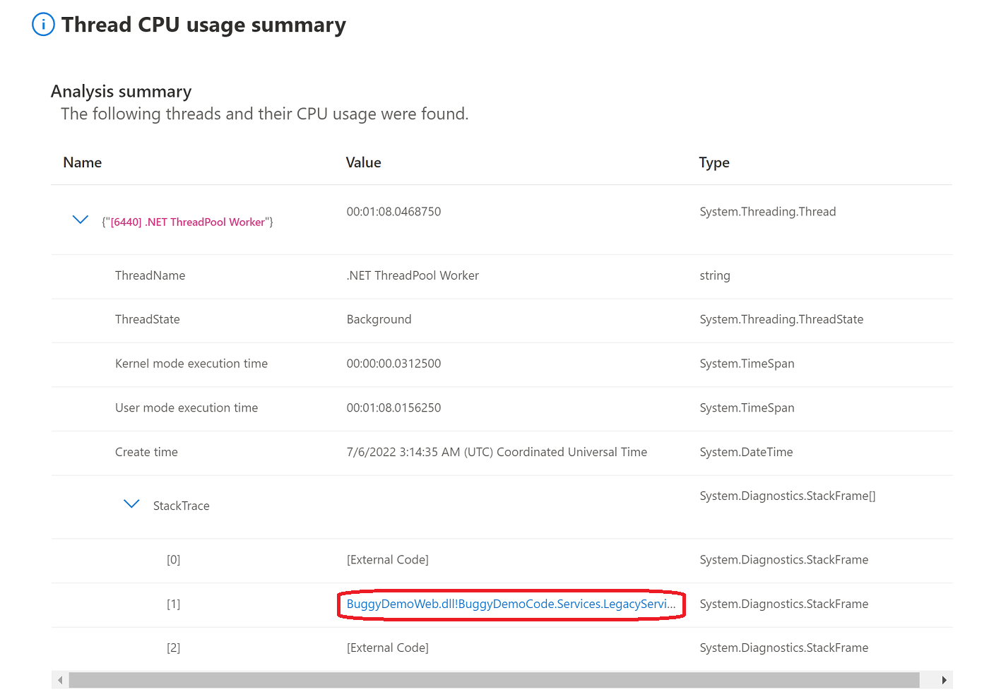 Selected a specific analysis result (Thread CPU). Showing a list of threads with the Stack TRace showing for a specific thread.