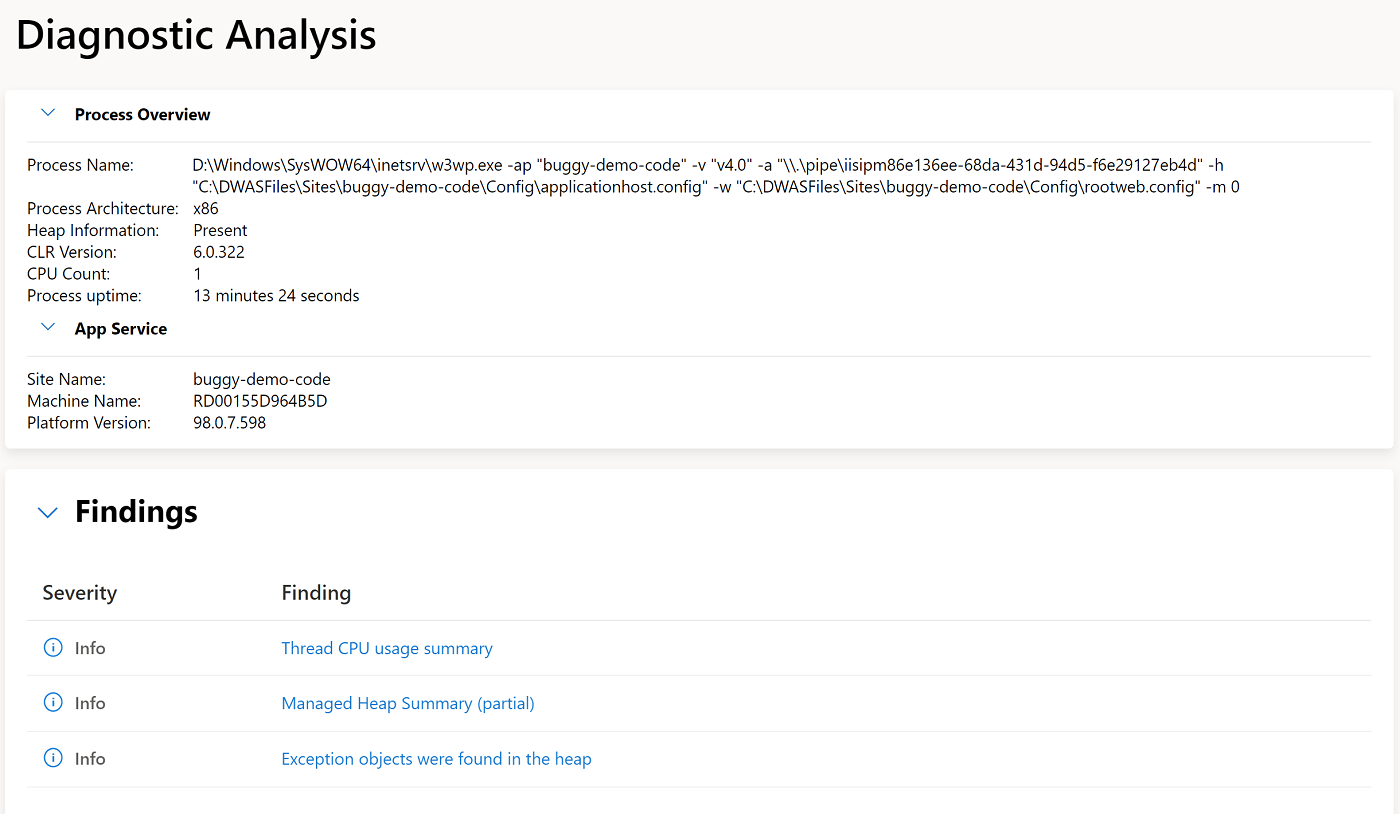 Shows the diagnostics results from a dump capture in Azure. Gives details on the Process overview (e.g. process name, architecture, CLR, etc.) as well as a list of findings from the running analysis.