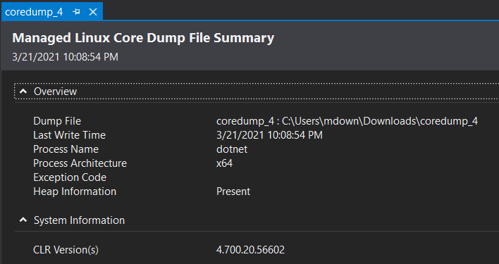 Linux core dump open in Visual Studio