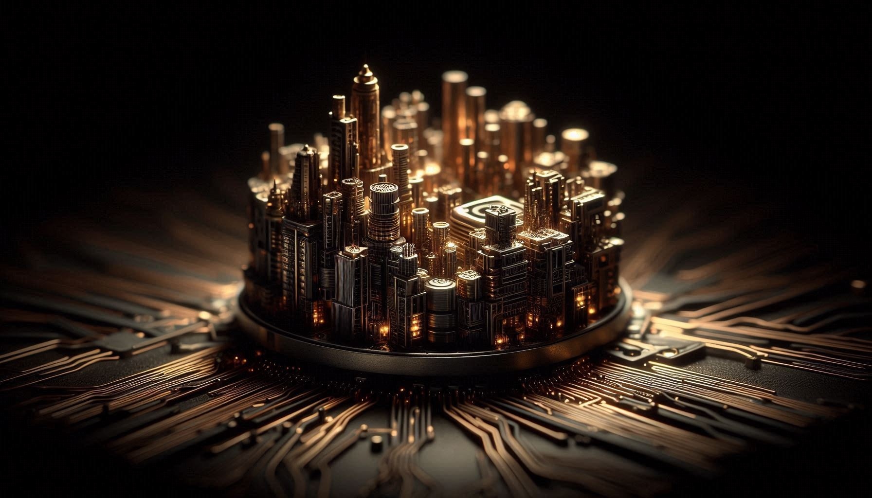 Silicon engine Skyline Miniature futuristic city of metallic skyscrapers set on a circular computer‑chip platform; copper circuit traces radiate outward against a dark background with warm highlights emphasizing metallic textures.