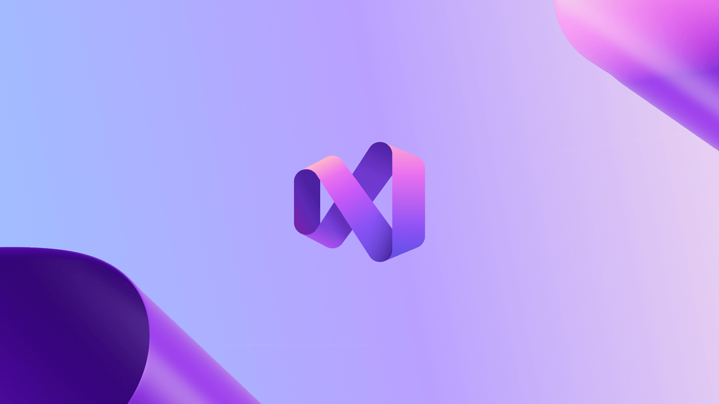 Visual Studio 2026 Icon Stylized Visual Studio ribbon logo reminiscent of an abstract infinity symbol in pink-to-purple gradient centered on a soft purple-blue gradient background with rounded gradient corner shapes for depth.