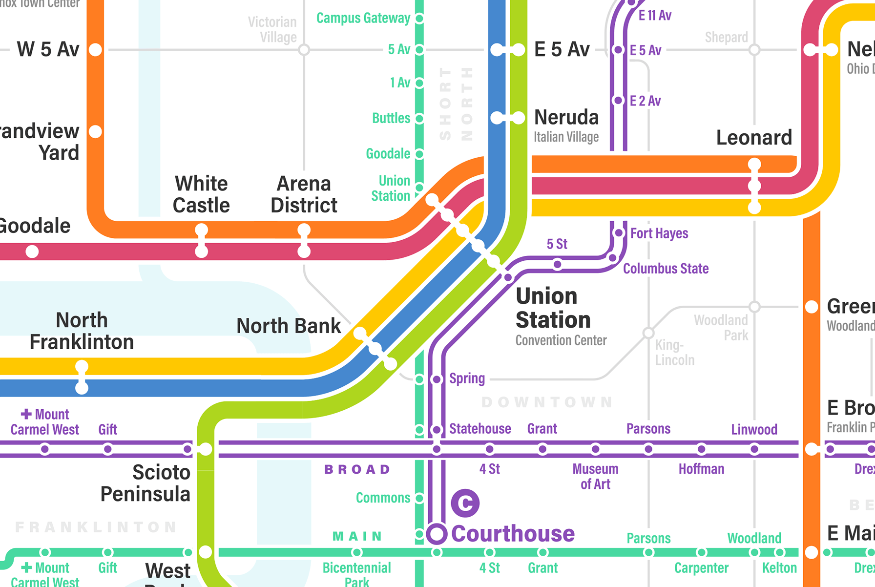 Columbus map of a fantasy light rail system developed in 2018 by Michael Tyznik