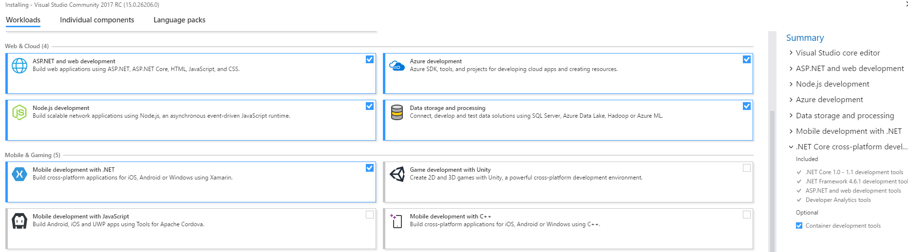 Visual Studio 2017 Install - Workloads